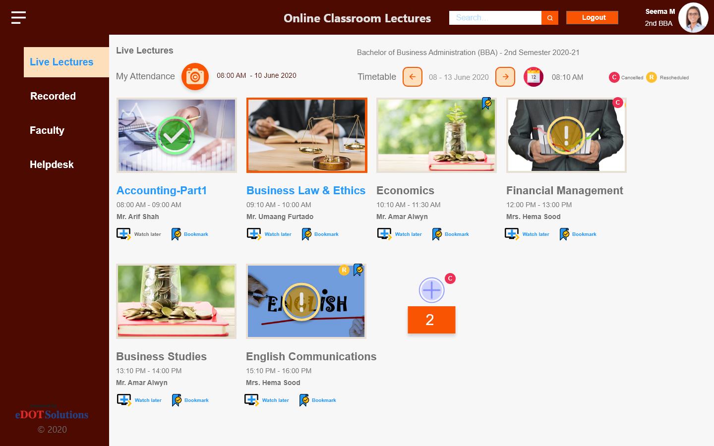 Student Homepage screenshot